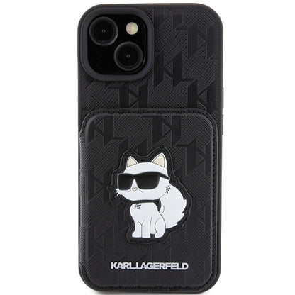 Futrola za Apple iPhone 15, Karl Lagerfeld, Saffiano Cardslots and Stand Monogram Choupette, Crna