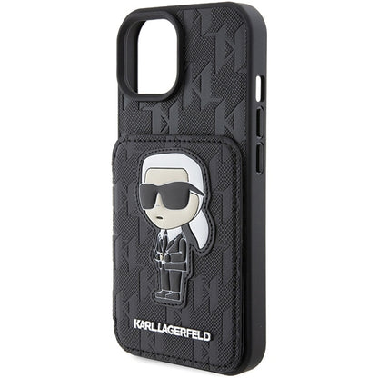 Futrola za Apple iPhone 15, Karl Lagerfeld, Saffiano Cardslots and Stand Monogram Ikonik Karl, Crna