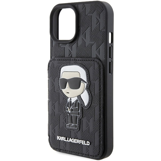 Futrola za Apple iPhone 15, Karl Lagerfeld, Saffiano Cardslots and Stand Monogram Ikonik Karl, Crna