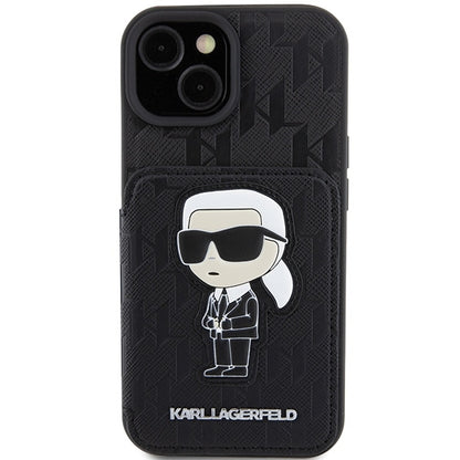 Futrola za Apple iPhone 15, Karl Lagerfeld, Saffiano Cardslots and Stand Monogram Ikonik Karl, Crna