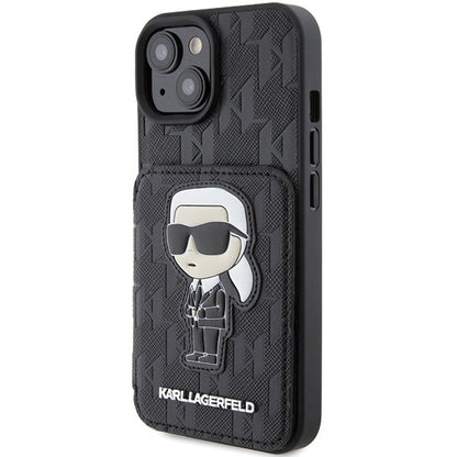 Futrola za Apple iPhone 15, Karl Lagerfeld, Saffiano Cardslots and Stand Monogram Ikonik Karl, Crna