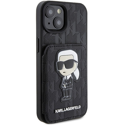 Futrola za Apple iPhone 15, Karl Lagerfeld, Saffiano Cardslots and Stand Monogram Ikonik Karl, Crna