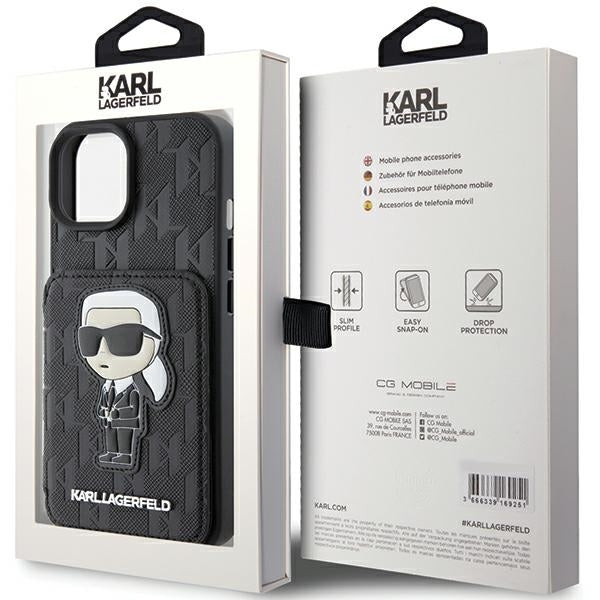 Futrola za Apple iPhone 15, Karl Lagerfeld, Saffiano Cardslots and Stand Monogram Ikonik Karl, Crna