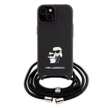 Futrola za Apple iPhone 15, Karl Lagerfeld, Saffiano Crossbody Metal Pin Karl & Choupette, Crna