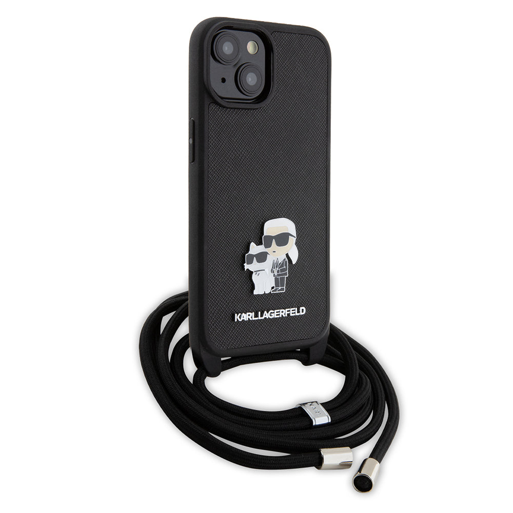 Futrola za Apple iPhone 15, Karl Lagerfeld, Saffiano Crossbody Metal Pin Karl & Choupette, Crna