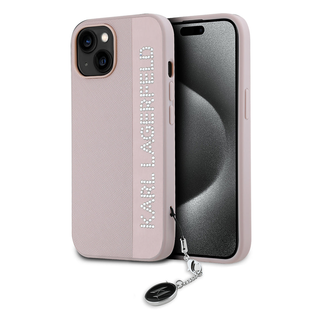Futrola za Apple iPhone 15, Karl Lagerfeld, Saffiano Rhinestones & Charm, Roze