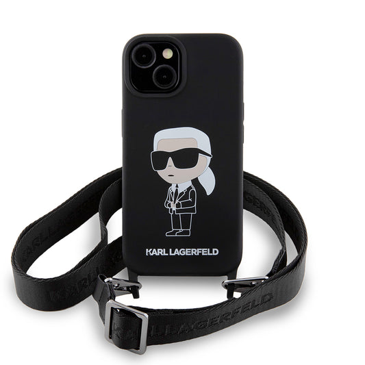 Futrola za Apple iPhone 15, Karl Lagerfeld, Silikonska Crossbody Ikonik Karl, Crna