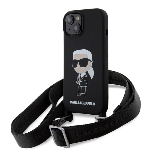 Futrola za Apple iPhone 15, Karl Lagerfeld, Silikonska Crossbody Ikonik Karl, Crna