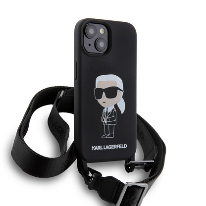 Futrola za Apple iPhone 15, Karl Lagerfeld, Silikonska Crossbody Ikonik Karl, Crna