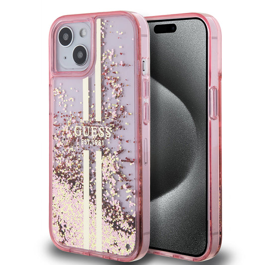 Futrola za Apple iPhone 15 Plus, Guess, Liquid Glitter Gold Stripes, Roze