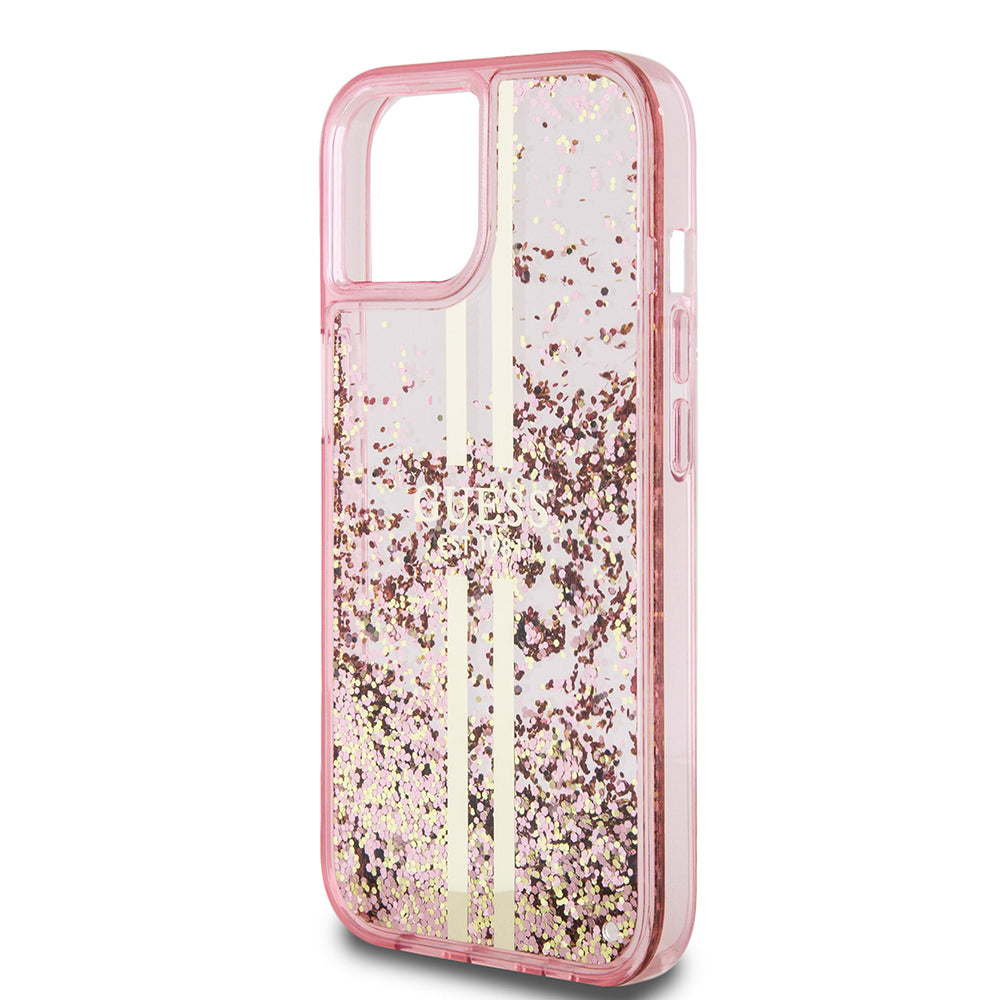 Futrola za Apple iPhone 15 Plus, Guess, Liquid Glitter Gold Stripes, Roze