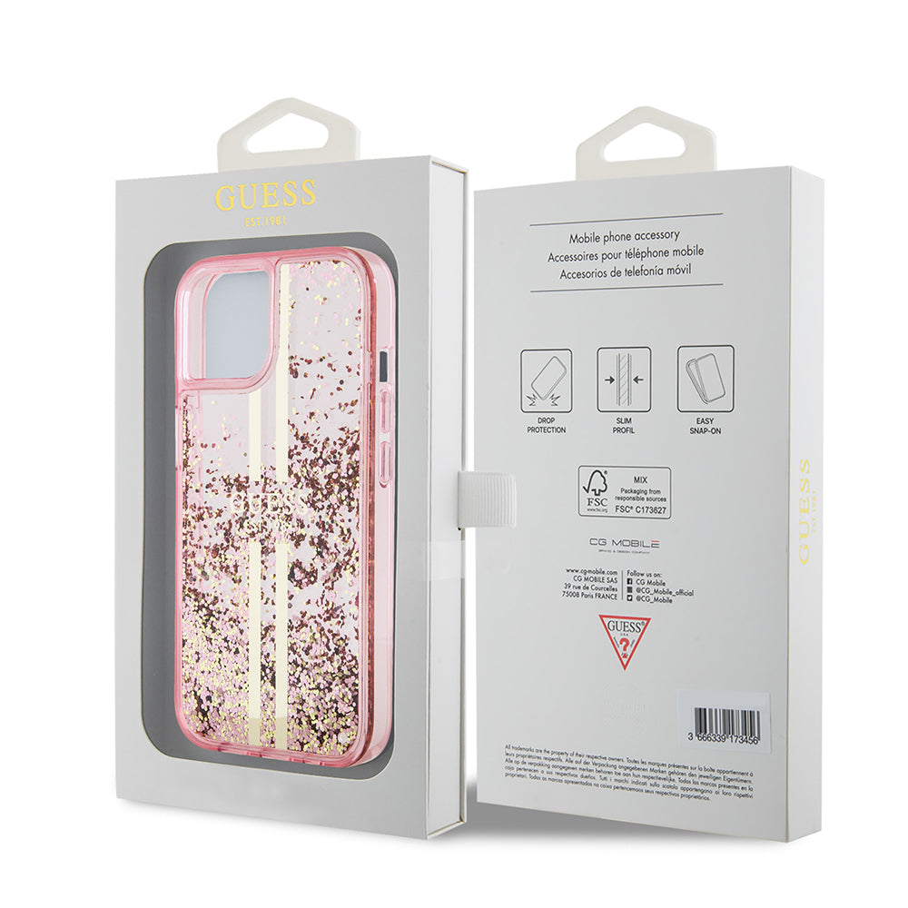 Futrola za Apple iPhone 15 Plus, Guess, Liquid Glitter Gold Stripes, Roze