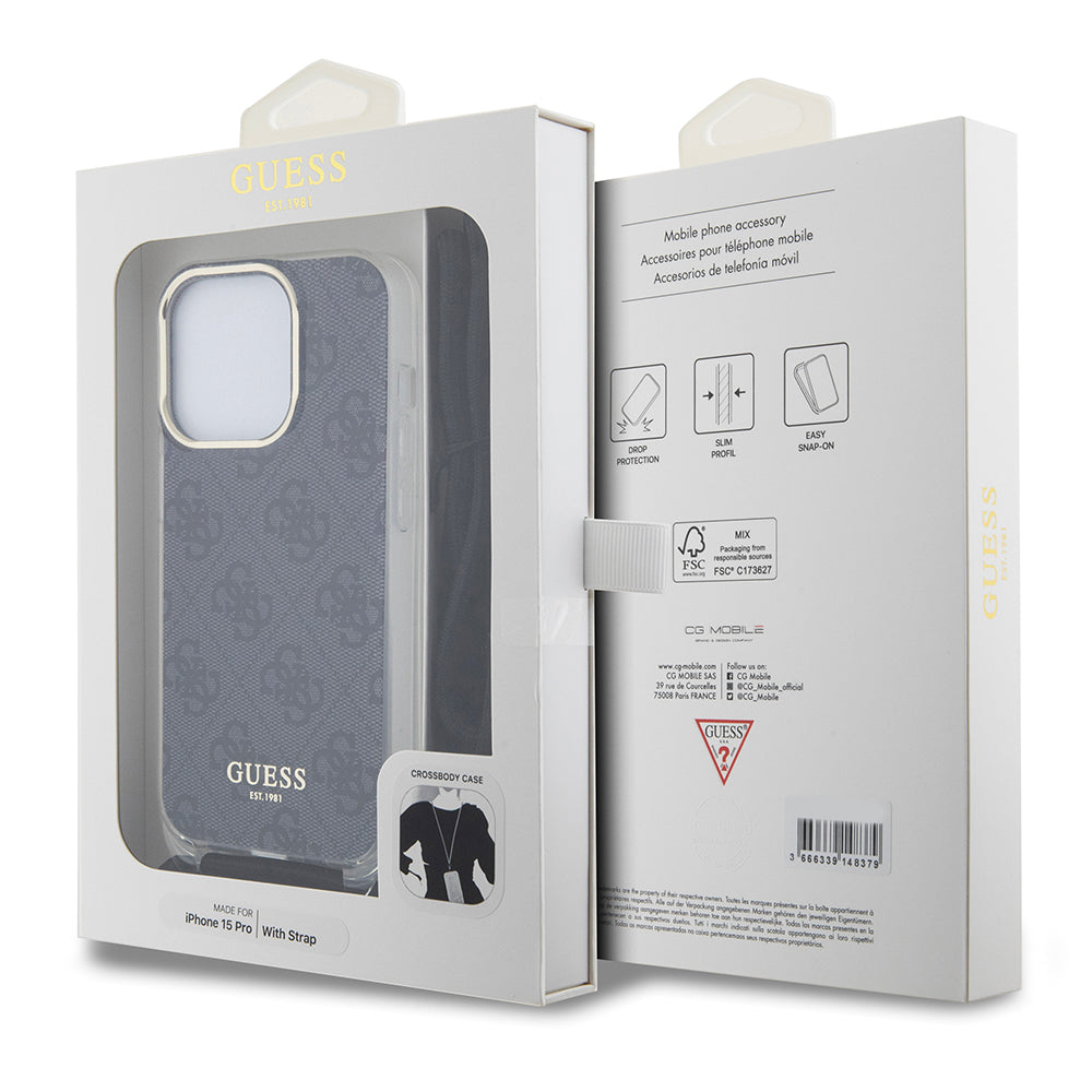 Futrola za Apple iPhone 15 Pro, Guess, Crossbody Cord 4G Print, Crna