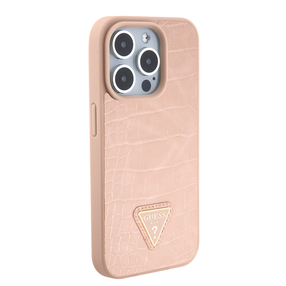 Futrola za Apple iPhone 15 Pro, Guess, Croco Triangle Metal Logo, Roze
