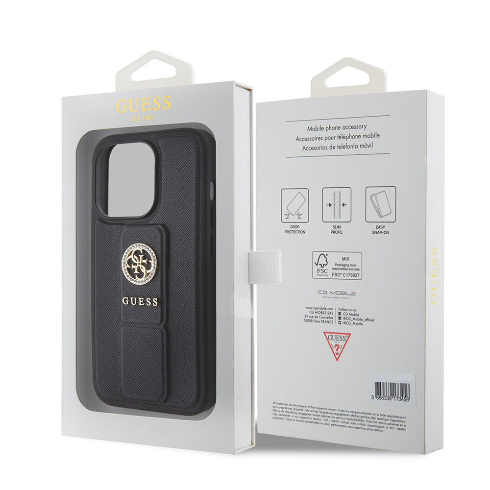 Futrola za Apple iPhone 15 Pro, Guess, Grip Stand 4G Saffiano Strass, Crna
