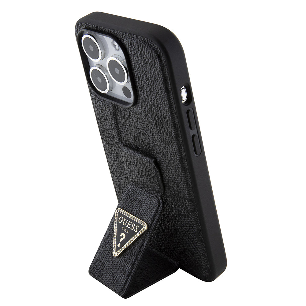 Futrola za Apple iPhone 15 Pro, Guess, Grip Stand 4G Triangle Strass, Crna