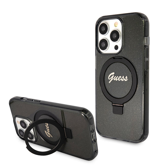 Futrola MagSafe za Apple iPhone 15 Pro, Guess, IML Ring Stand Glitter, Crna