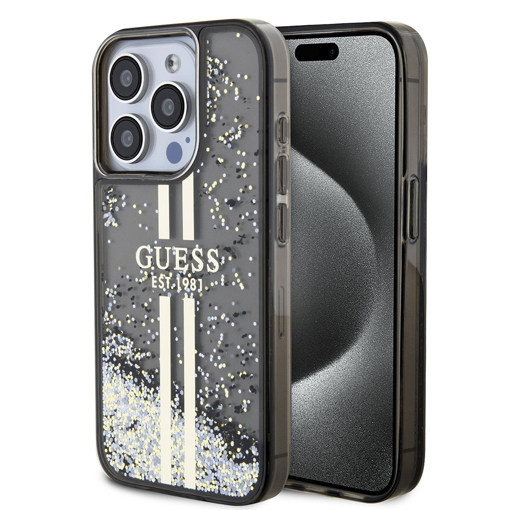 Futrola za Apple iPhone 15 Pro, Guess, Liquid Glitter Gold Stripe, Crna