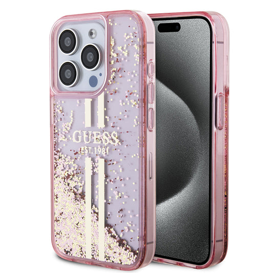 Futrola za Apple iPhone 15 Pro, Guess, Liquid Glitter Gold Stripes, Roze