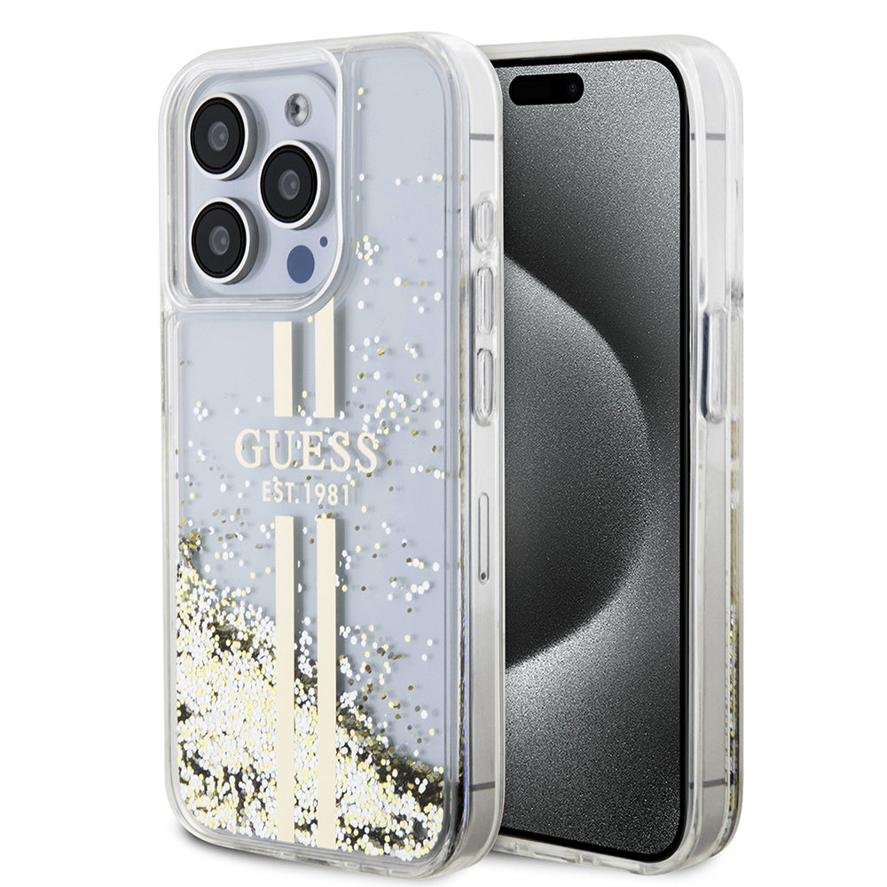 Futrola za Apple iPhone 15 Pro, Guess, Liquid Glitter Gold Stripes, Transparentna
