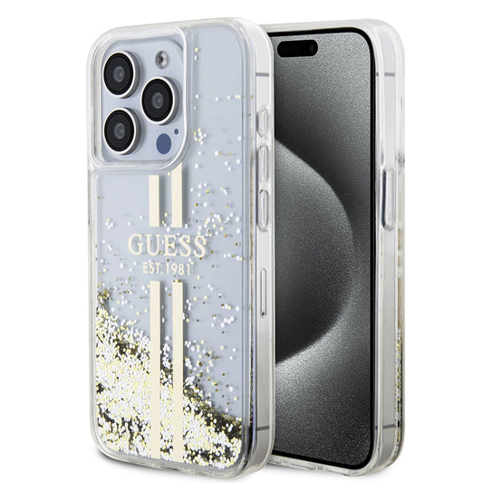 Futrola za Apple iPhone 15 Pro, Guess, Liquid Glitter Gold Stripes, Transparentna