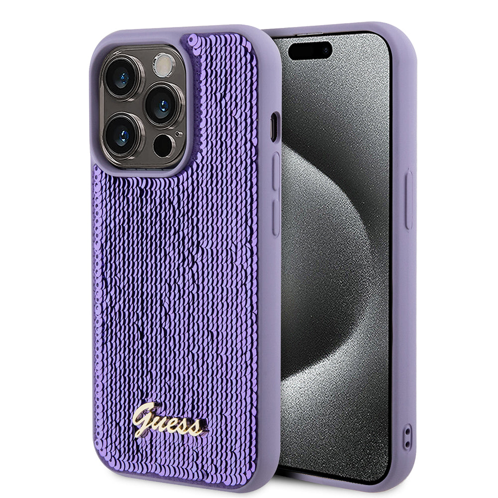 Futrola za Apple iPhone 15 Pro, Guess, Sequin Script Metal, Ljubičasta