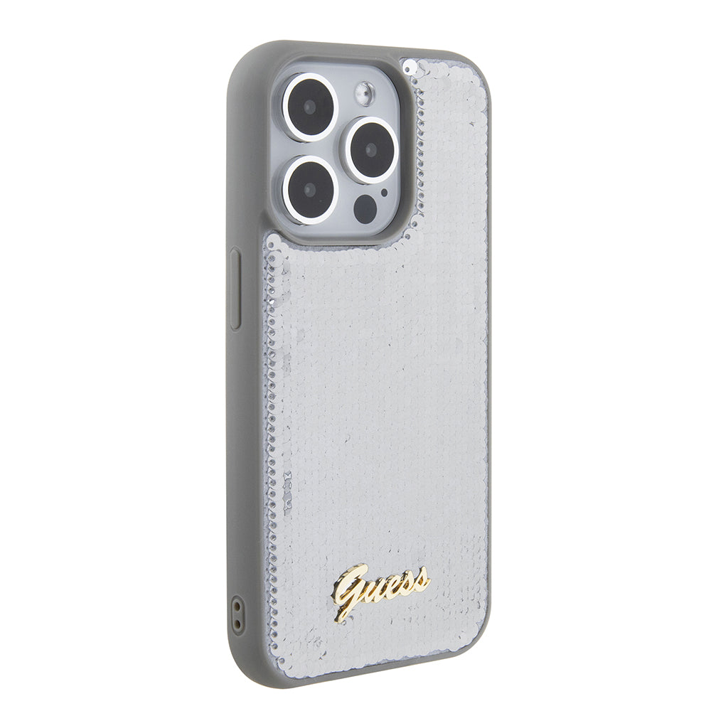 Futrola za Apple iPhone 15 Pro, Guess, Sequin Script Metal, Srebrna