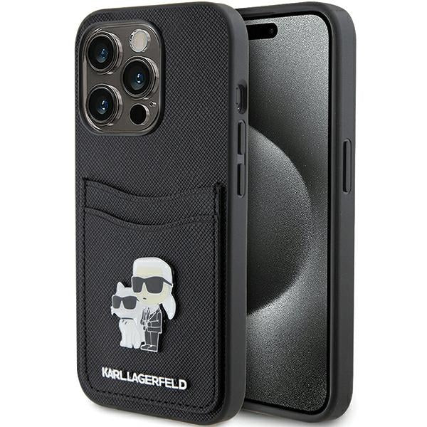 Futrola za Apple iPhone 15 Pro, Karl Lagerfeld, Saffiano Card Slot Metal Karl & Choupette, Crna