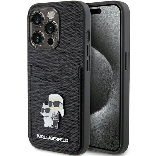 Futrola za Apple iPhone 15 Pro, Karl Lagerfeld, Saffiano Card Slot Metal Karl & Choupette, Crna