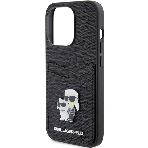 Futrola za Apple iPhone 15 Pro, Karl Lagerfeld, Saffiano Card Slot Metal Karl & Choupette, Crna