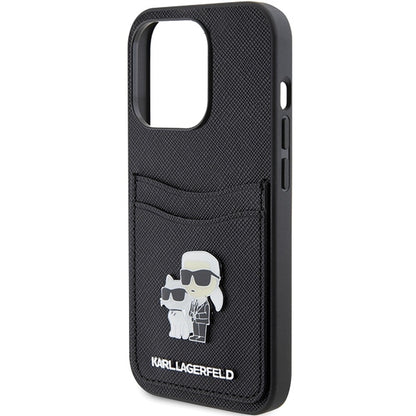 Futrola za Apple iPhone 15 Pro, Karl Lagerfeld, Saffiano Card Slot Metal Karl & Choupette, Crna
