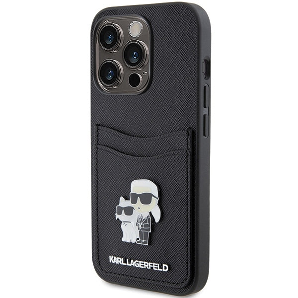 Futrola za Apple iPhone 15 Pro, Karl Lagerfeld, Saffiano Card Slot Metal Karl & Choupette, Crna