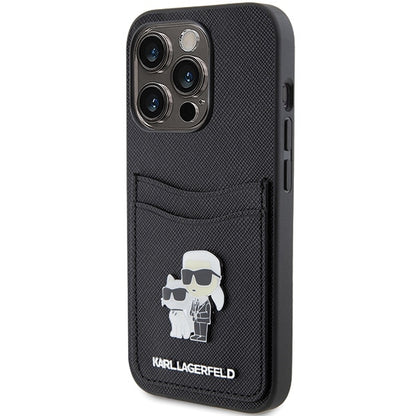 Futrola za Apple iPhone 15 Pro, Karl Lagerfeld, Saffiano Card Slot Metal Karl & Choupette, Crna