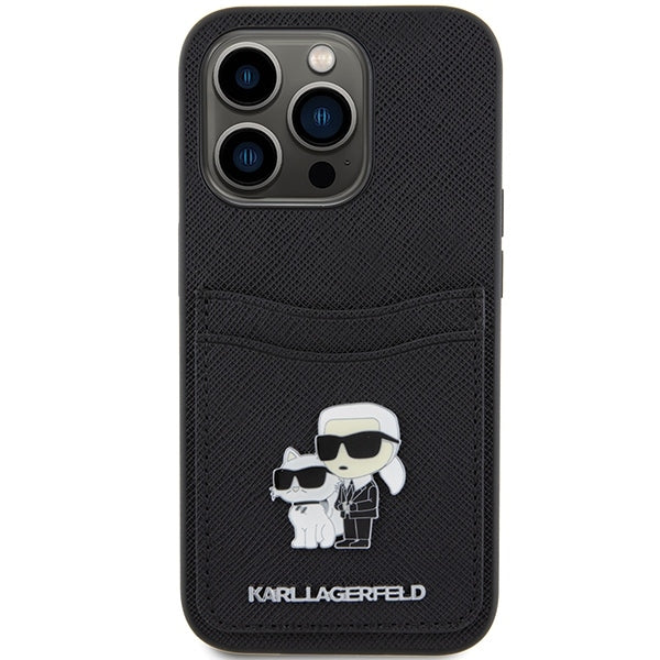 Futrola za Apple iPhone 15 Pro, Karl Lagerfeld, Saffiano Card Slot Metal Karl & Choupette, Crna