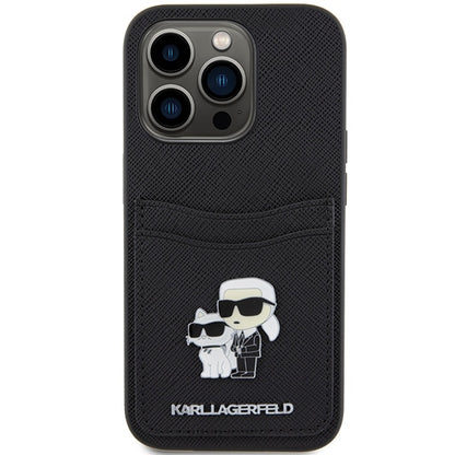 Futrola za Apple iPhone 15 Pro, Karl Lagerfeld, Saffiano Card Slot Metal Karl & Choupette, Crna