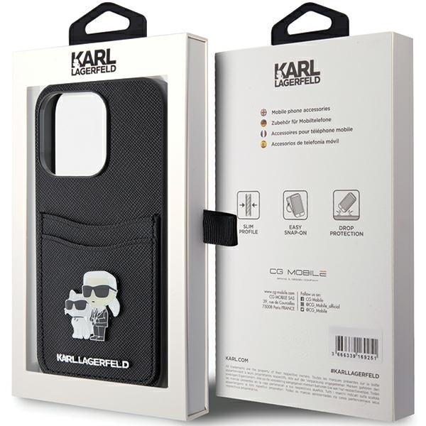 Futrola za Apple iPhone 15 Pro, Karl Lagerfeld, Saffiano Card Slot Metal Karl & Choupette, Crna