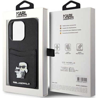 Futrola za Apple iPhone 15 Pro, Karl Lagerfeld, Saffiano Card Slot Metal Karl & Choupette, Crna