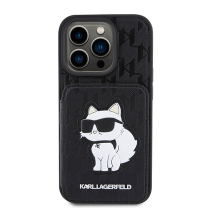 Futrola za Apple iPhone 15 Pro, Karl Lagerfeld, Saffiano Cardslots and Stand Monogram Choupette, Crna