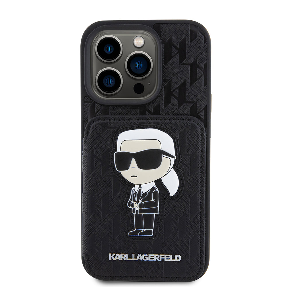 Futrola za Apple iPhone 15 Pro, Karl Lagerfeld, Saffiano Cardslots and Stand Monogram Ikonik Karl, Crna