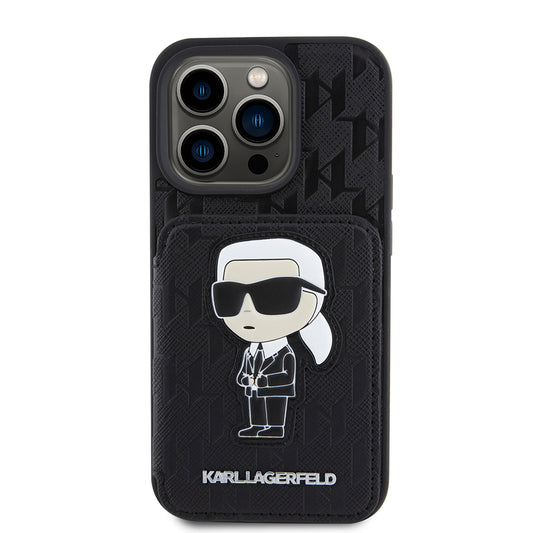 Futrola za Apple iPhone 15 Pro, Karl Lagerfeld, Saffiano Cardslots and Stand Monogram Ikonik Karl, Crna