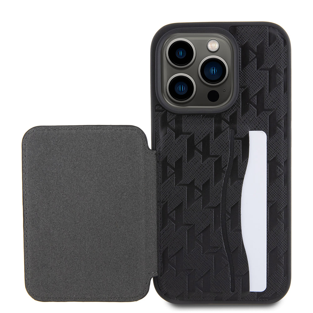 Futrola za Apple iPhone 15 Pro, Karl Lagerfeld, Saffiano Cardslots and Stand Monogram Ikonik Karl, Crna