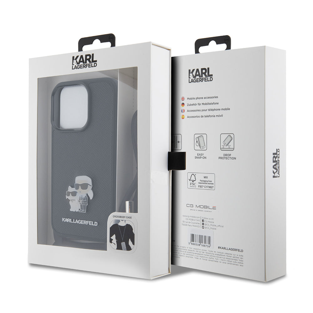 Futrola za Apple iPhone 15 Pro, Karl Lagerfeld, Saffiano Crossbody Metal Pin Karl & Choupette, Crna
