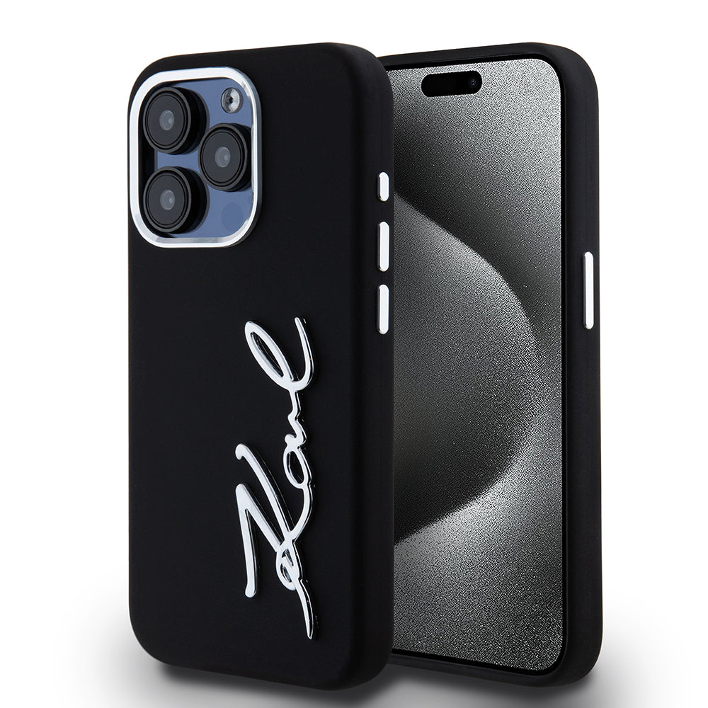 Futrola za Apple iPhone 15 Pro, Karl Lagerfeld, Silikonski Metalni Logo, Crna