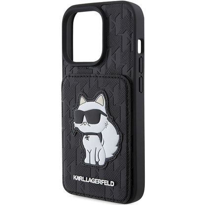 Futrola za Apple iPhone 15 Pro Max, Karl Lagerfeld, Saffiano Cardslots and Stand Monogram Choupette, Crna