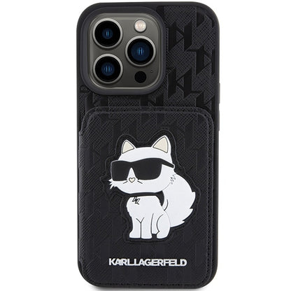 Futrola za Apple iPhone 15 Pro Max, Karl Lagerfeld, Saffiano Cardslots and Stand Monogram Choupette, Crna