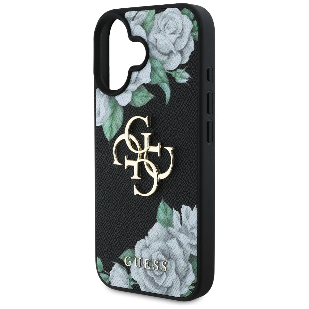 Futrola za Apple iPhone 16, Guess, 4G Grained Roses Big Logo, Crna