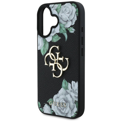 Futrola za Apple iPhone 16, Guess, 4G Grained Roses Big Logo, Crna