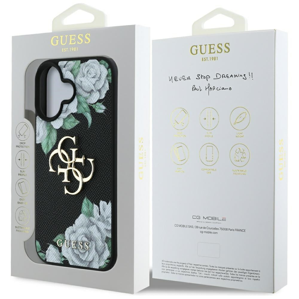 Futrola za Apple iPhone 16, Guess, 4G Grained Roses Big Logo, Crna