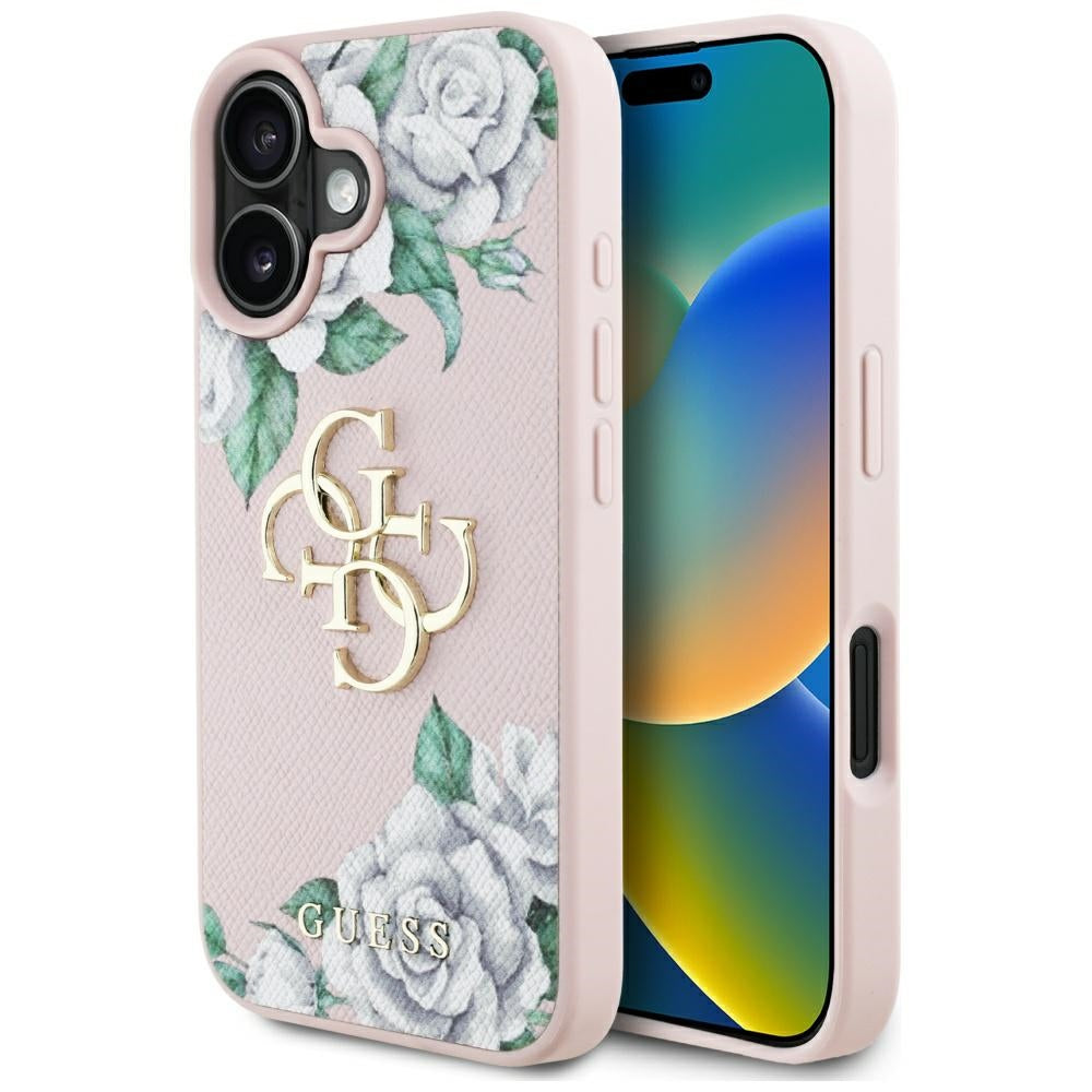 Futrola za Apple iPhone 16, Guess, 4G Grained Roses Big Logo, Roze