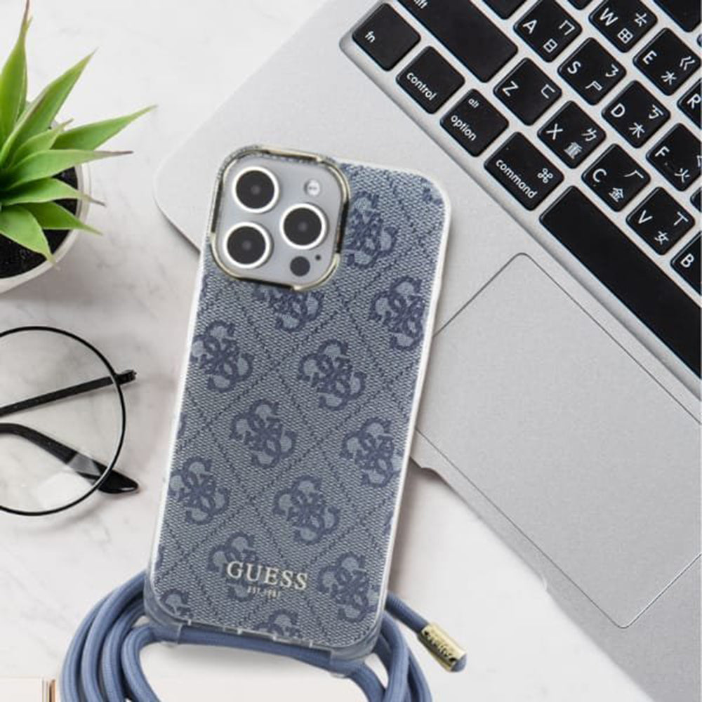 Futrola za Apple iPhone 16, Guess, Crossbody Cord 4G Print, Crna